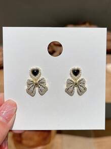 Faux Pearl Decor Heart & Bow Drop Earrings - Yellow Gold - View 2