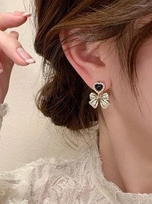 Faux Pearl Decor Heart & Bow Drop Earrings - Yellow Gold - View 4