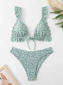 Ditsy Floral Frill Trim Bikini - Cadet Blue - View 7
