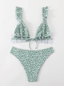 Ditsy Floral Frill Trim Bikini - Cadet Blue - View 5