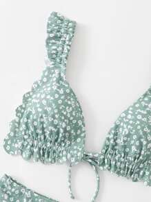 Ditsy Floral Frill Trim Bikini - Cadet Blue - View 3