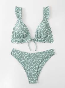 Ditsy Floral Frill Trim Bikini - Cadet Blue - View 4