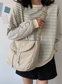 Minimalist Flap Drawstring Crossbody Bag - Beige - View 1