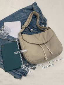 Minimalist Flap Drawstring Crossbody Bag - Beige - View 5