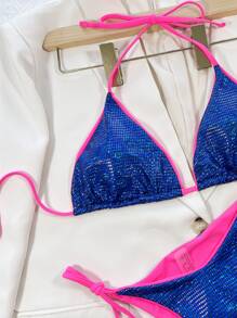 Metallic Bikini Set Contrast Binding Halter Triangle Bra Top & Tie Side Bikini Bottom 2 Pieces Bikini Summer Beach - Royal Blue - View 3