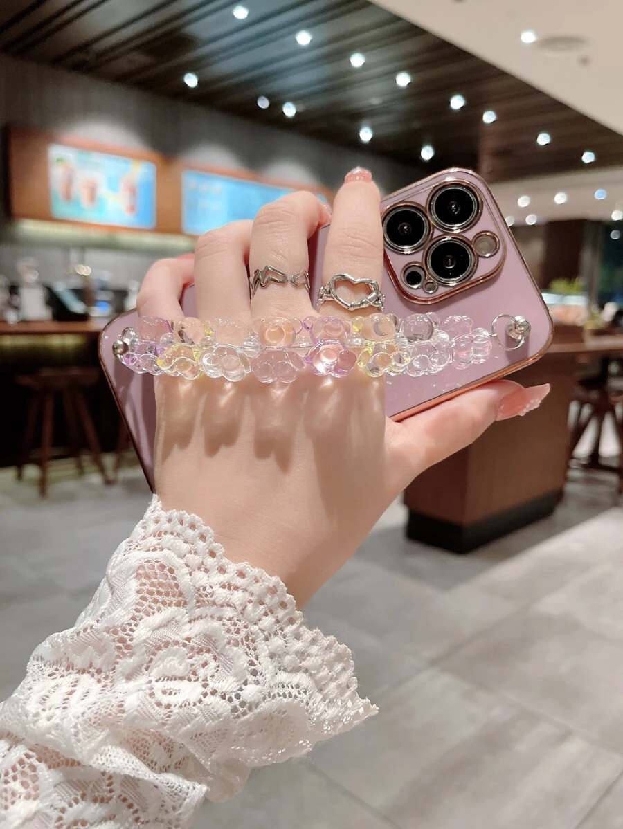 Solid Phone Case With Cartoon Bear Hand Strap - Multicolor - View 1