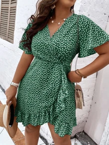 SHEIN Holidaya Plus Ditsy Floral Print Ruffle Wrap Hem Dress - Green - View 3