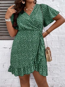 SHEIN Holidaya Plus Ditsy Floral Print Ruffle Wrap Hem Dress - Green - View 5