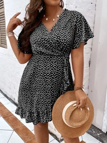 Breezaya Vestido bajo cruzado con estampado floral fruncido - Negro - Ver 1