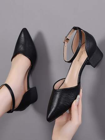 Point Toe Chunky Heeled Ankle Strap Pumps