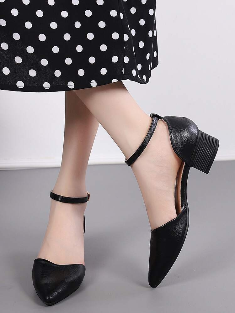 Tacones de punta con tacón grueso tira tobillera - Negro - Añade 7