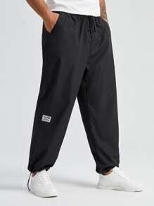 Manfinity Homme Men Letter Patched Detail Drawstring Waist Tapered Trousers - Black - View 1