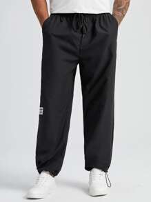 Manfinity Homme Men Letter Patched Detail Drawstring Waist Tapered Trousers - Black - View 3