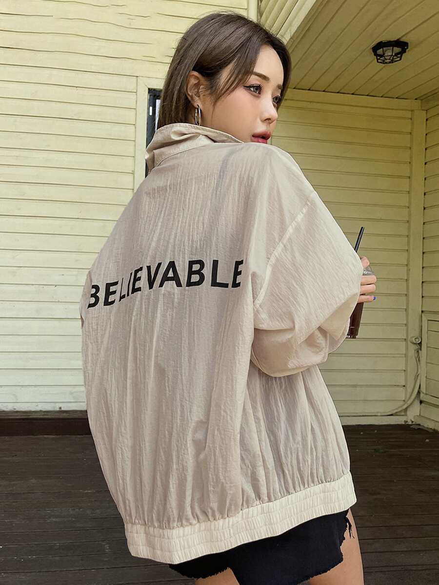 DAZY Letter Graphic Zip Up Drop Shoulder Jacket - Beige - View 1