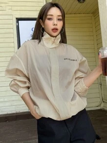 DAZY Letter Graphic Zip Up Drop Shoulder Jacket - Beige - View 2