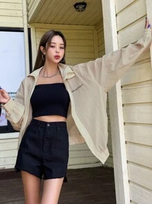 DAZY Letter Graphic Zip Up Drop Shoulder Jacket - Beige - View 3