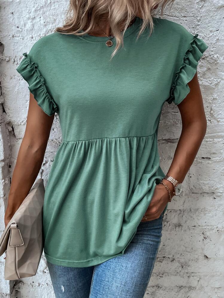 SHEIN LUNE 荷葉邊蝙蝠袖荷葉邊下擺T恤 - 綠色 - 查看 1