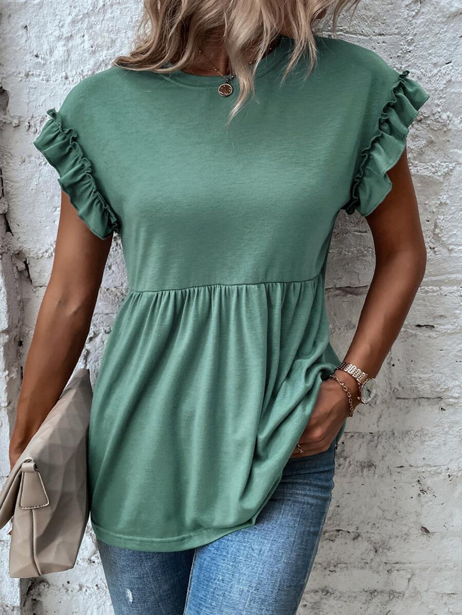 SHEIN LUNE 荷葉邊蝙蝠袖荷葉邊下擺T恤 - 綠色 - 查看 1