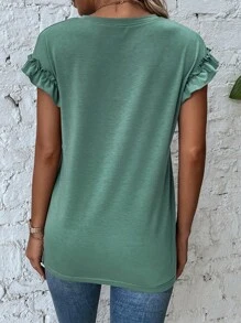 SHEIN LUNE 荷葉邊蝙蝠袖荷葉邊下擺T恤 - 綠色 - 查看 2