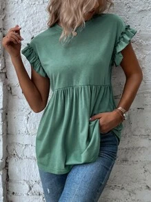 SHEIN LUNE 荷葉邊蝙蝠袖荷葉邊下擺T恤 - 綠色 - 查看 3