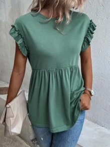 SHEIN LUNE 荷葉邊蝙蝠袖荷葉邊下擺T恤 - 綠色 - 查看 4