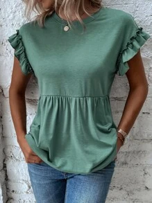 SHEIN LUNE 荷葉邊蝙蝠袖荷葉邊下擺T恤 - 綠色 - 查看 5