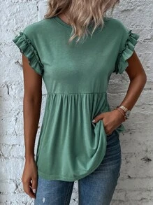 SHEIN LUNE 荷葉邊蝙蝠袖荷葉邊下擺T恤 - 綠色 - 查看 6