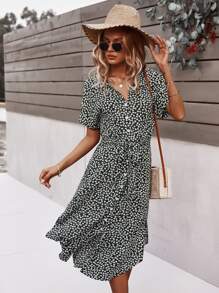 SHEIN VCAY Ditsy Floral Tie Front Button Through Dress - Multicolor - View 1