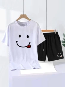 Manfinity Hypemode Hombres Camiseta con estampado de dibujos animados & Shorts de cintura con cordón - Blanco y Negro - Ver 1