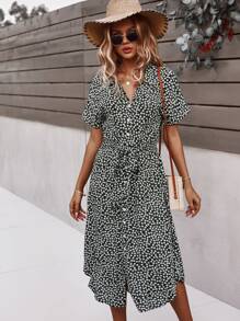 SHEIN VCAY Ditsy Floral Tie Front Button Through Dress - Multicolor - View 4