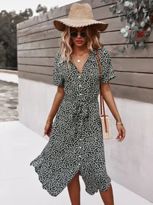 SHEIN VCAY Ditsy Floral Tie Front Button Through Dress - Multicolor - View 5