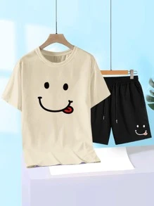 Manfinity Hypemode Hombres con estampado de dibujos animados Camiseta & de cintura con cordón Shorts - Multicolor - Ver 1