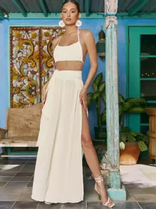 SHEIN VCAY Tie Backless Halter Top & M-slit Hem Trousers - Beige - View 1