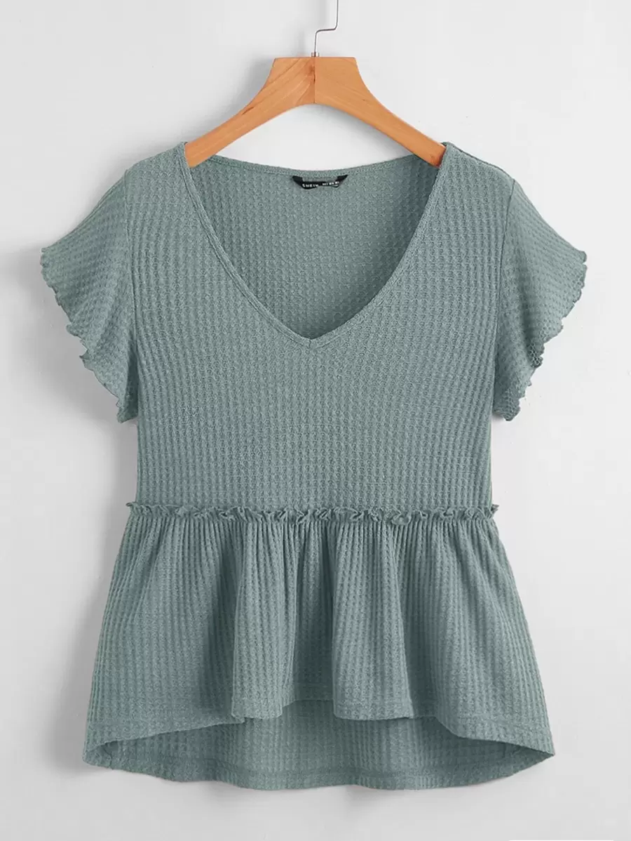 SHEIN LUNE Butterfly Sleeve Waffle Knit Peplum Top - Green - View 1