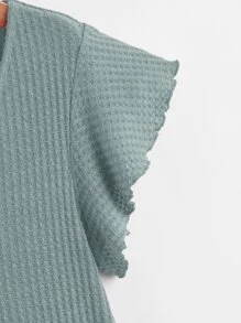 SHEIN LUNE Butterfly Sleeve Waffle Knit Peplum Top - Green - View 3