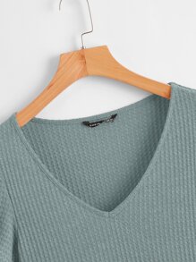 SHEIN LUNE Butterfly Sleeve Waffle Knit Peplum Top - Green - View 4