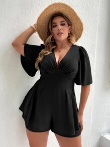 SHEIN Clasi Plus Ruched Butterfly Sleeve Romper - Black - View 3