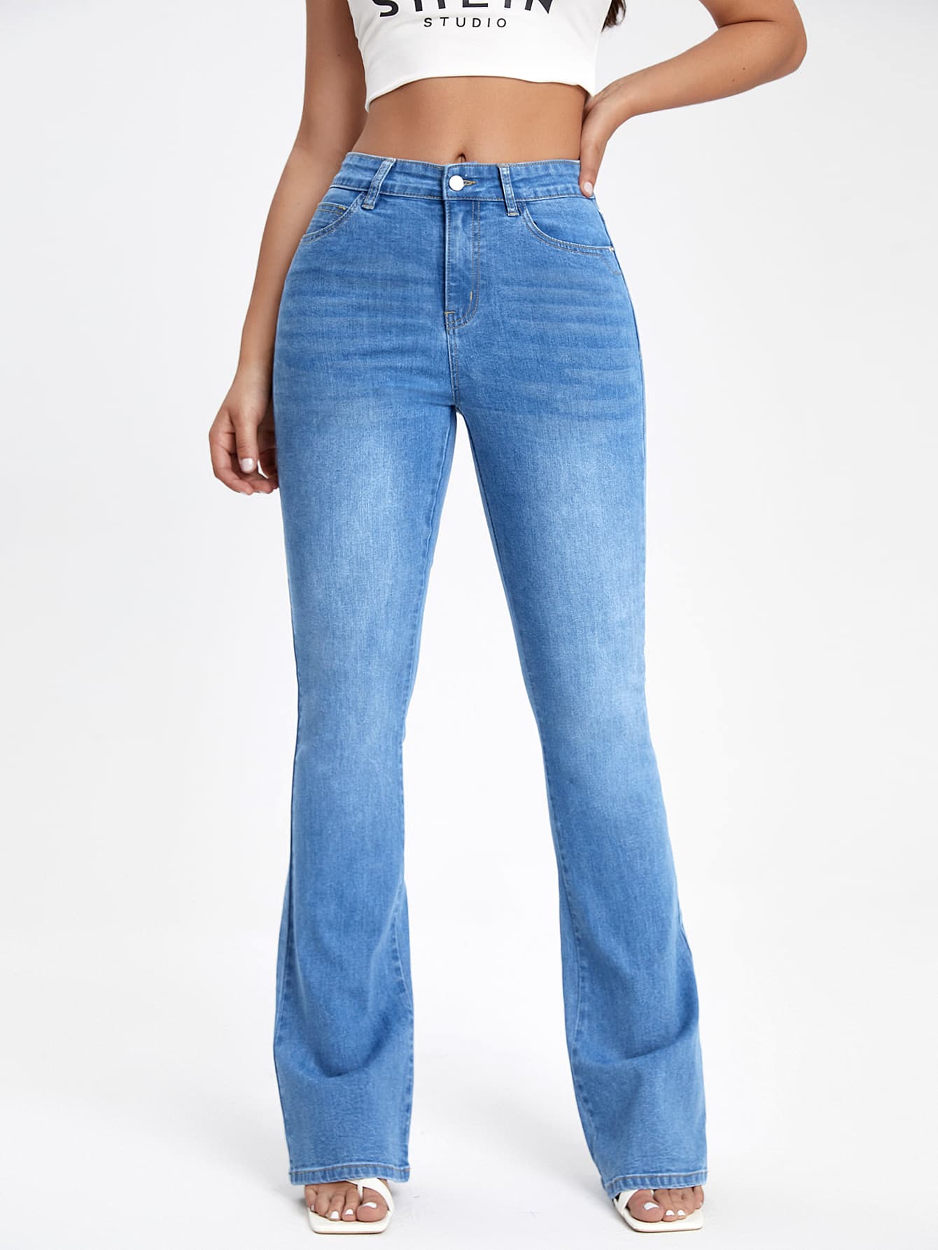 Slant Pocket Bootcut Leg Jeans - Light Wash - View 1