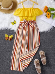 Girls Ruffle Trim Cold Shoulder Striped Jumpsuit - Multicolor - View 1