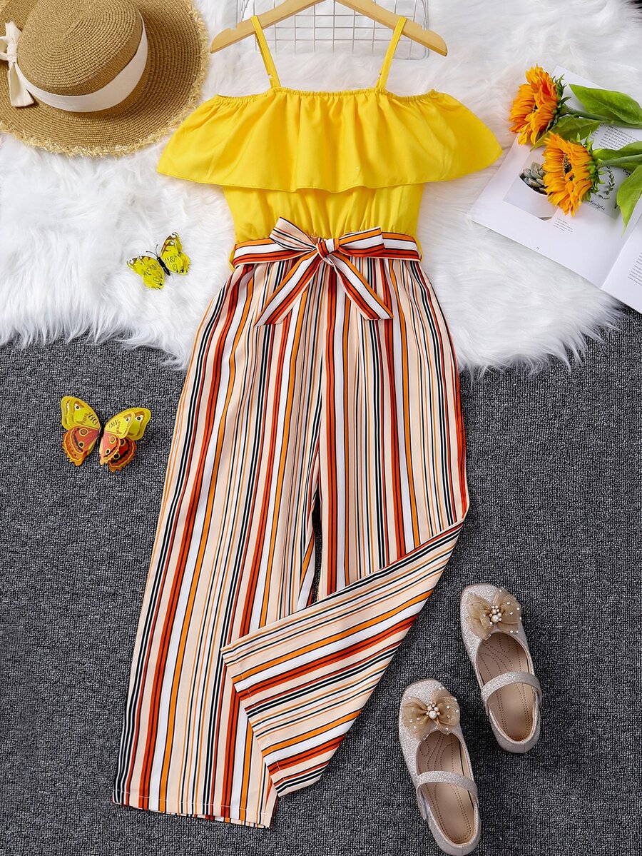 Girls Ruffle Trim Cold Shoulder Striped Jumpsuit - Multicolor - View 1
