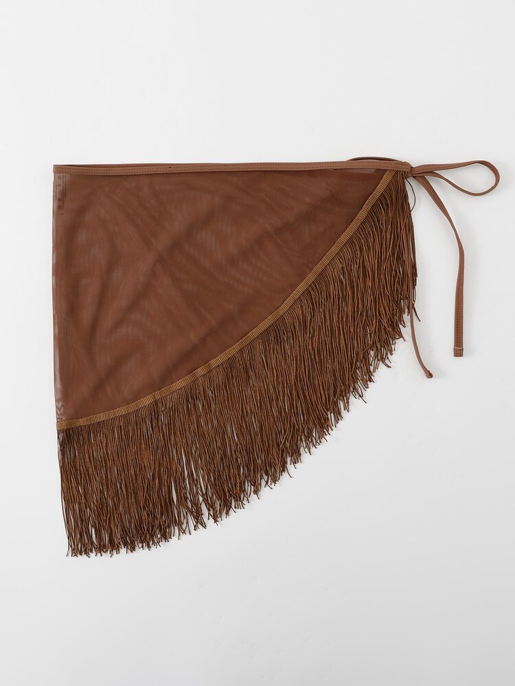 Plain Fringe Cover Up Skirt, For Summer Beach Vacation - Brown - View 5