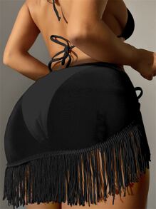SHEIN Swim Summer Beach Plain Fringe Cover Up Skirt - Black - View 1