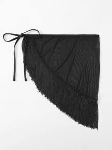 SHEIN Swim Summer Beach Plain Fringe Cover Up Skirt - Black - View 4