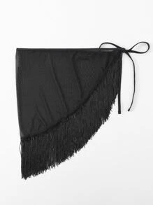 SHEIN Swim Summer Beach Plain Fringe Cover Up Skirt - Black - View 5
