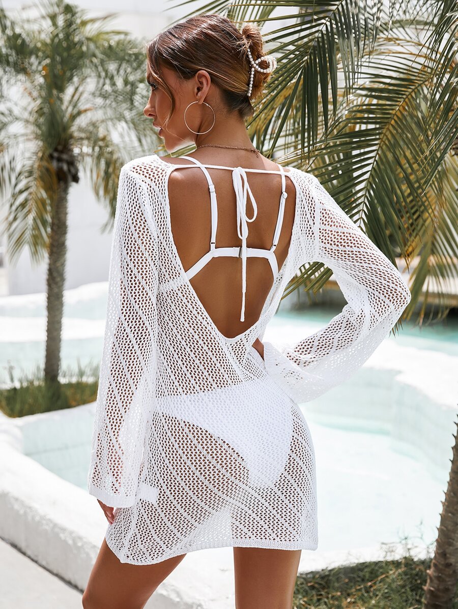 SHEIN Swim Summer Beach Tie Backless Cover Up Dress Without Bikini - White - View 1