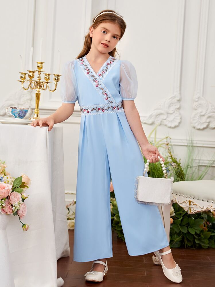 SHEIN Girls 花柄刺繡 パフスリーブ ワイドレッグジャンプスーツ