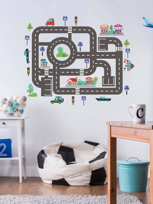 2pcs Highway Pattern Game Floor Sticker, Cartoon PVC Self Adhesive