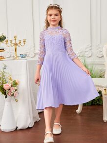 SHEIN Girls Guipure Lace Panel Pleated Dress - Lilac Purple - View 1