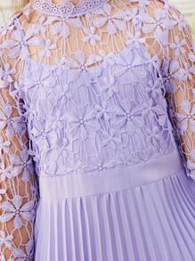 SHEIN Girls Guipure Lace Panel Pleated Dress - Lilac Purple - View 3
