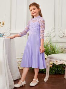SHEIN Girls Guipure Lace Panel Pleated Dress - Lilac Purple - View 5